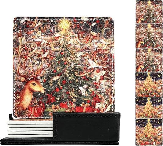 Christmas Coasters Square Leather Drinks Coaster Set with Holder for Coffee Table Bar Home Decor 4 Inches Set of 6