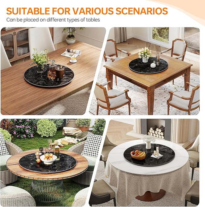 Lazy Susan Turntable 35.4 Inch-360°Silent Rotating Anti-Slip Serving Tray,Heavy Duty Centerpiece for Kitchen, Dining & Coffee Table-Glossy Black Modern Design with Non-Slip Base
