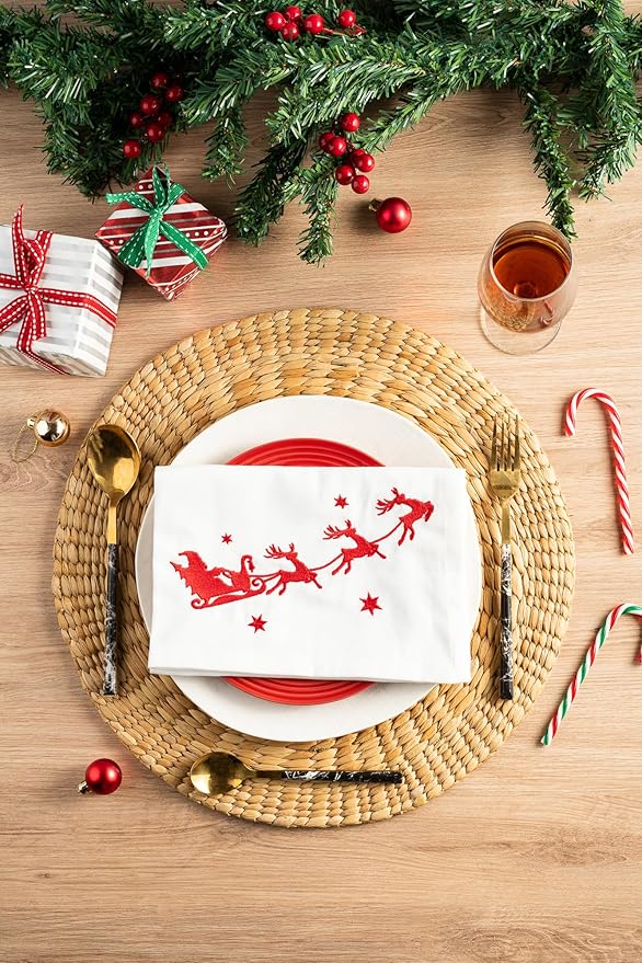 Christmas Cloth Napkins White Dining Table Dinner Napkins |Washable Cotton Napkins Easter Basket Decor|Sleigh Embroidered 18x18 in White Pk of 6 Cocktail Party Napkins
