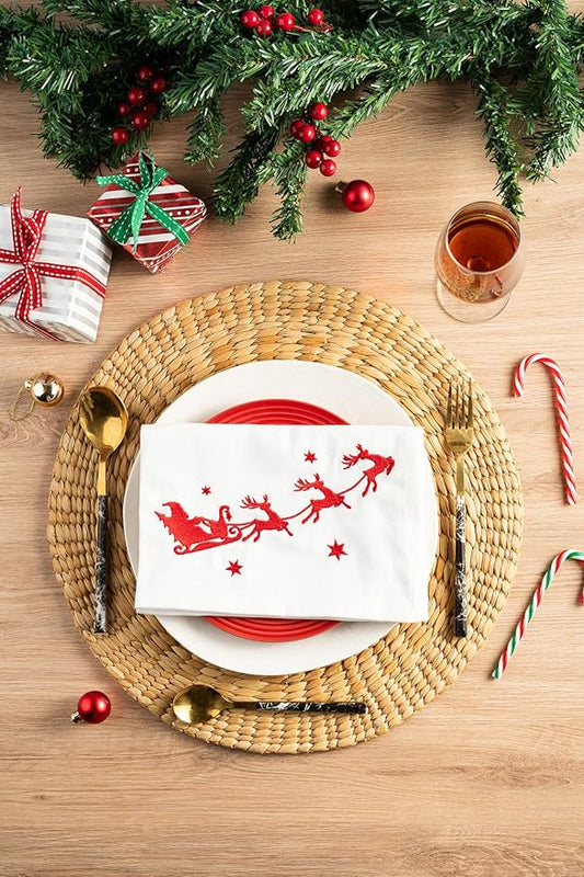 Christmas Cloth Napkins White Dining Table Dinner Napkins |Washable Cotton Napkins Easter Basket Decor|Sleigh Embroidered 18x18 in White Pk of 6 Cocktail Party Napkins
