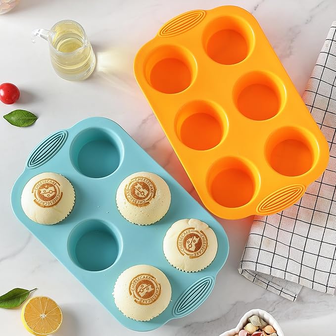 2PCS Silicone Muffin Cupcake Pan Molds, Ohola 6-Cavity Nonstick Silicone Muffin Pans for baking, Perfect for Cupcakes, Muffin, Brownies and More, BPA Free, 2 Pack (Orange and Peacock Blue)