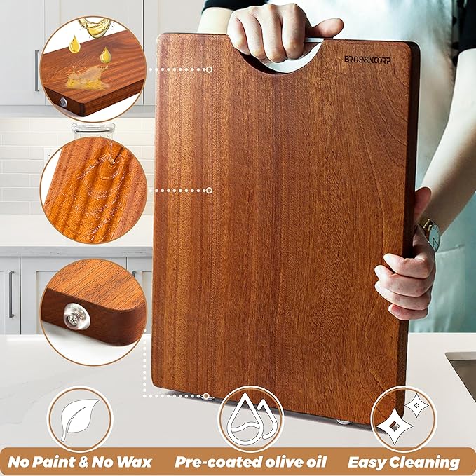 Brosisincorp Real Solid Sapele Cutting Board One Piece No Glue Non Toxic All Whole Single Wood Butcher Block Thick Hard Wood Heavy Duty Edge Grain (Large, 15.74"L*11.14"W*1.18"Th)