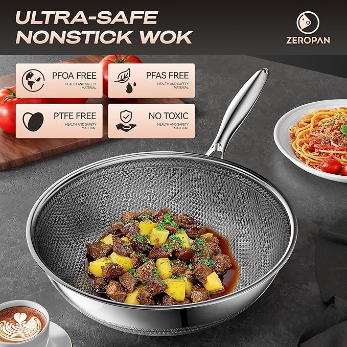 ZEROPAN Wok,Hybrid 12-Inch Wok with Lid,Nonstick Stainless Steel Woks & Stir-fry pans,Dishwasher-Friendly,PFAS PFOA PTFE Free, Oven-Safe Up to 600°F,Compatible with All Cooktops