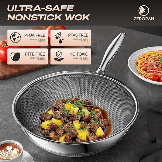 ZEROPAN Wok,Hybrid 12-Inch Wok with Lid,Nonstick Stainless Steel Woks & Stir-fry pans,Dishwasher-Friendly,PFAS PFOA PTFE Free, Oven-Safe Up to 600°F,Compatible with All Cooktops
