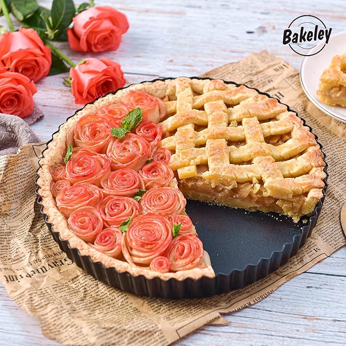 Bakeley 11-Inch Round Tart Pan with Loose Removable Bottom, Non-Stick Carbon Steel Quiche Pan for Oven Baking (Black)
