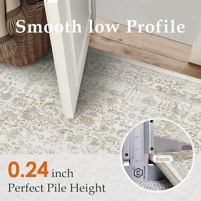 Taupe Area Rug 5x8 Machine Washable Vintage Living Room Distressed Non Slip Carpet Traditional Indoor Bedroom Retro Floral Accent Throw Large Rug for Office Kitchen Bathroom Dining Room