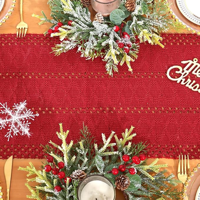 Alynsehom Macrame Table Runner Christmas Red Boho Table Runners with Tassels Hand Woven Cotton Table Runner Rustic Farmhouse Table Runners for Xmas Kitchen Dining Table(12x71in)