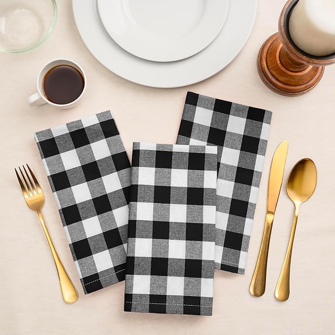 Blue Needles Gingham Buffalo Plaid Cloth Napkins 100% Cotton Set of 12 Dinner Table Napkins 18x18 inch Soft, Reusable, Washable Perfect for Wedding Parties & Everyday Use - Black and White