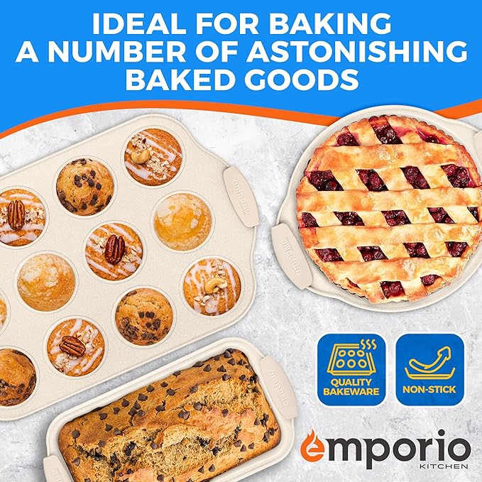 Emporio Kitchen Baking Pan Set - Nonstick Coating, Carbon Steel Bakeware Set with White Silicone Handle, PFOA, PFOS, PTFE Free, Recipe Booklet Included, Oven Safe Tray (Up To 450° F), Set of 8 - White