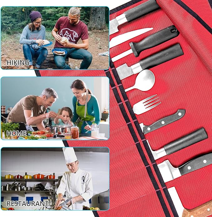 EHRGK Knife Roll,Heavy Duty Knife Bag,Oxford Knife Case with 20 Slots for Knives & Kitchen Tools,Chef Knife Bag,Knife Roll Bag, Knife Pouch Wrap for Chefs Culinary Traveling (Red)