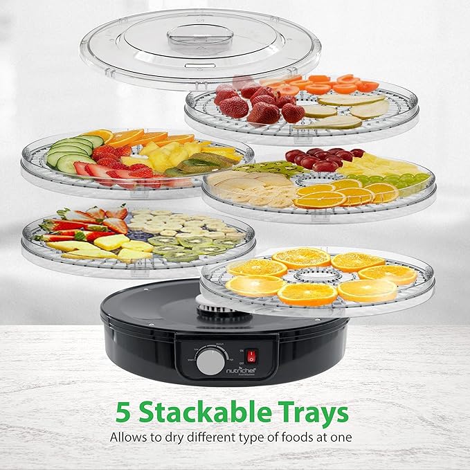 NutriChef Electric Countertop Food Dehydrator - Professional Multi-Tier Food Preserver - Dehydrates Fish, Meats, Mushrooms, Fruits & Vegetables - 5 Easy to Clean Stackable Trays., One Size, Black