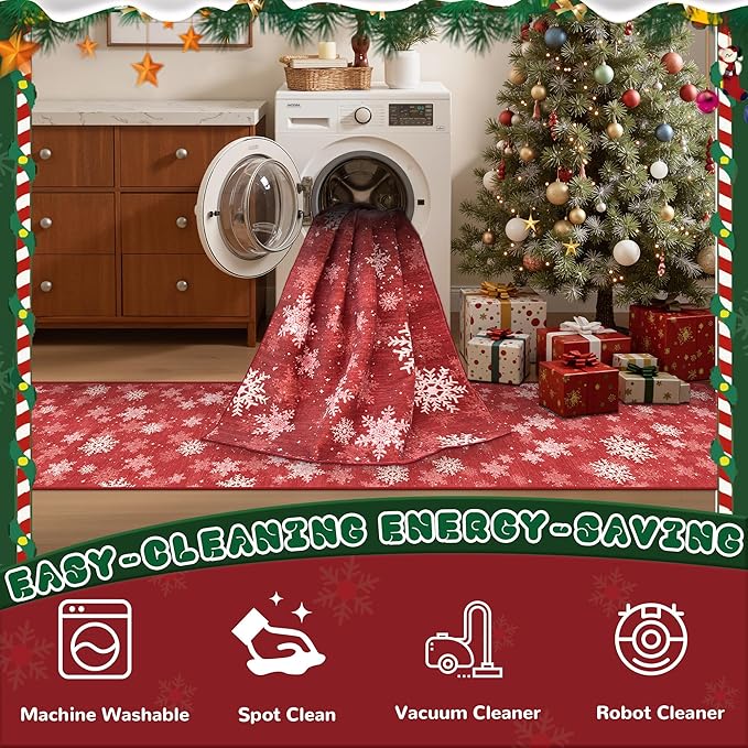 Christmas Runner Rug 2x8, Washable Snowflake Rugs for Living Room, Ultra-Thin Hallway Rug Runner Non Slip, Soft Red Holiday Decor Indoor for Entrance, Bedroom(2'x8', Red/White)