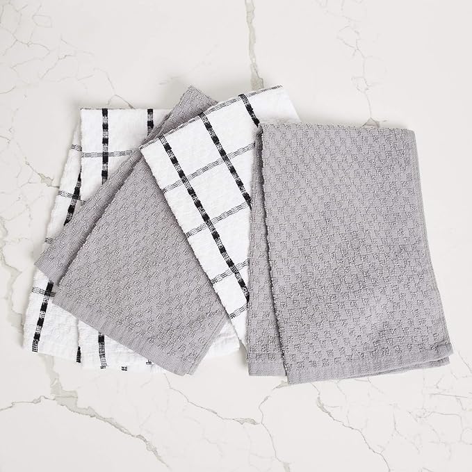 Kitchen Towels - Dish Towels and Dish Cloths - Hand Towel and Dishcloths Sets - 100% Soft Ring Spun Combed Cotton - Great for Cooking in Kitchen or Household Cleaning - Size 15" x 25" (Grey, 24)