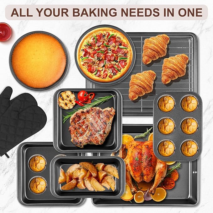 Funnydin 12PCS Nonstick Baking Pans Set - Stackable Bakeware Sets with Wider Grip, Carbon Steel Baking Set Including Cookie Sheets for Baking, Muffin Pan, Loaf Pan, Cake pan, Roasting Pan, Oven Mitts