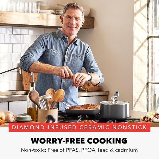 GreenPan x Bobby Flay 4.5QT Nonstick Saute Pan with Glass Lid, PFAS-Free Diamond Ceramic, Induction Suitable, Stay-Cool Silicone Handle, Easy Clean Dishwasher & Oven Safe, Graphite