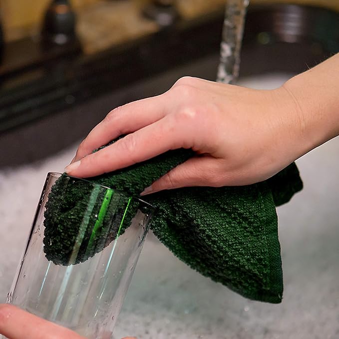 Sticky Toffee Cotton Dishcloths Set of 8 – 12x12 in Dark Green and White Dish Towels, Reusable and Absorbent Tea Towels for Cleaning or Drying, Oeko-Tex Cotton