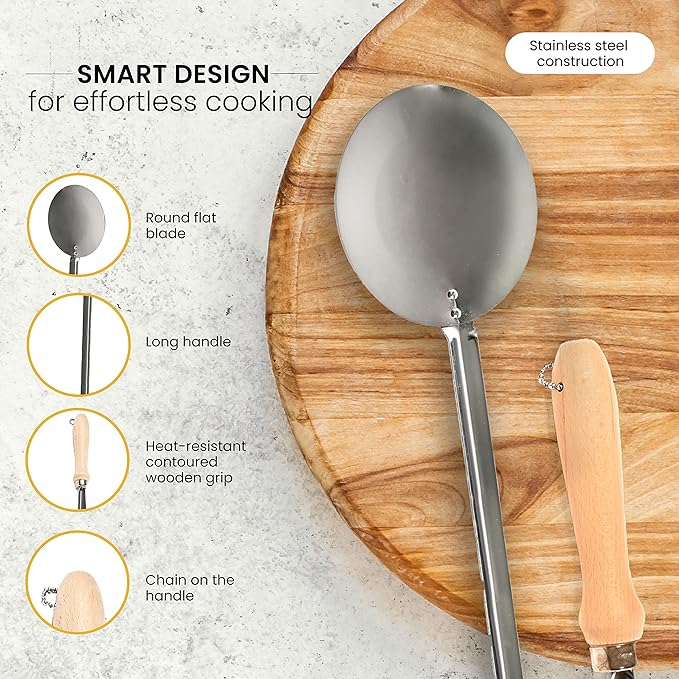 Machika Skimmer with Wooden Handle | Wok Spatula for Cooking | Metal Spatula for Burgers and Vegetables, Rice Spatula for Paella | Stainless Steel | 26 inches |
