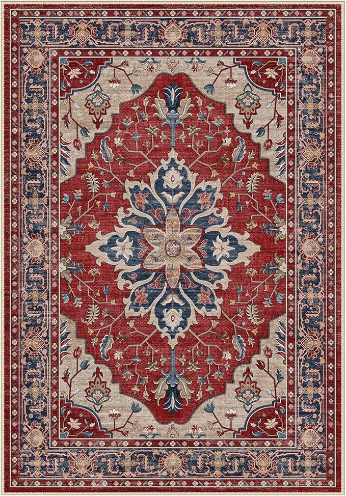 Area Rugs Round 6ft Washable Non-Slip, Floral Vintage Distress Print Pattern Medallion Carpet for Living Room Bedroom Dining Room, Red Blue