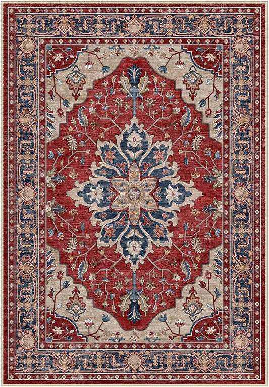 Area Rugs Round 6ft Washable Non-Slip, Floral Vintage Distress Print Pattern Medallion Carpet for Living Room Bedroom Dining Room, Red Blue