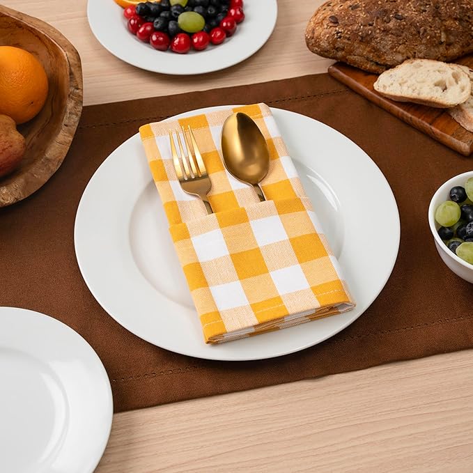 Blue Needles Gingham Buffalo Plaid Cloth Napkins 100% Cotton Set of 12 Dinner Table Napkins 18x18 inch Soft, Reusable, Washable Ideal for Wedding Parties Everyday Use - Golden Yellow & White
