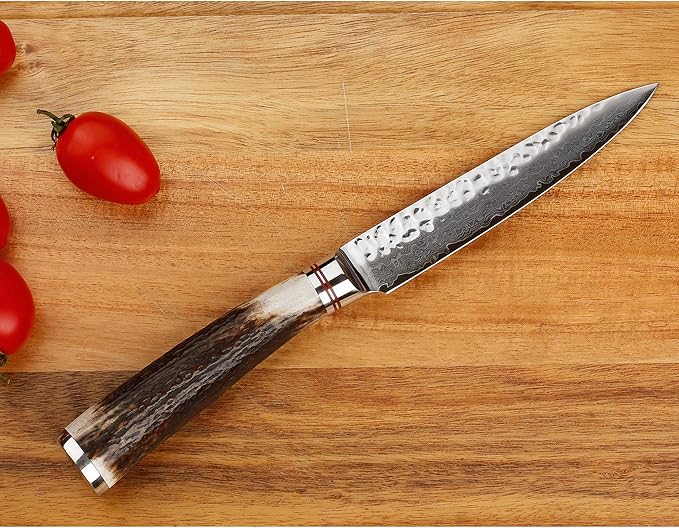 SUNLONG Utility Knife 5 inch Multi-purpose cutter - Japanese Hammered Damascus Natural Antlers Handle