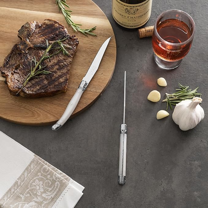 French Home Laguiole Connoisseur 4-Piece Steak Knife Set – Stainless Steel with Pearl White Handles, Etched Detailing & Napoleon Bee Emblem – Serrated Knives for Smooth Cutting (9.25")