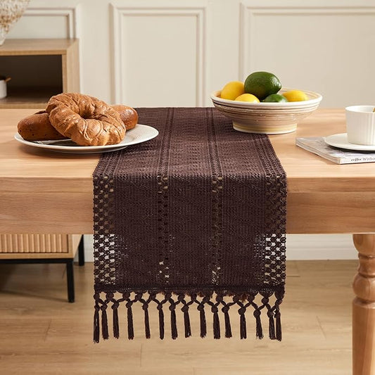 ZeeMart Macrame Style Boho Table Runner, Dark Brown Table Runners 108 Inches Long, Farmhouse Woven Home Decor, 12x108 Inch, Chocolate