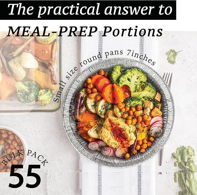 Spare Essentials (55 Pack) 7" Round Foil Pans with Lids - Small Aluminum Pans - Freezer & Oven Safe Round Aluminum Pans with Lids - Takeout Containers for Baking, Roasting, Air Fryer Food Storage