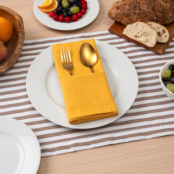 Blue Needles Set of 6 Hemstitch Linen Napkins 100% Cotton Golden Yellow Cloth Dinner Napkins 18x18 inches, Soft, Reusable Absorbent Washable, Ideal for Wedding Events, Parties & Everyday Use