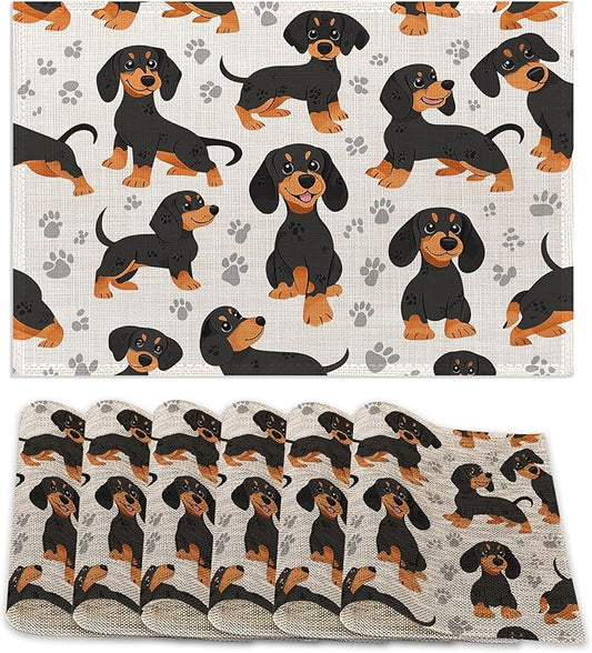 Dog Dachshund Placemats Set of 6, Grey Paws Waterproof Non-Slip Washable Table Mats for Kitchen Dining Holiday Party Wedding Decor 12x18 Inch
