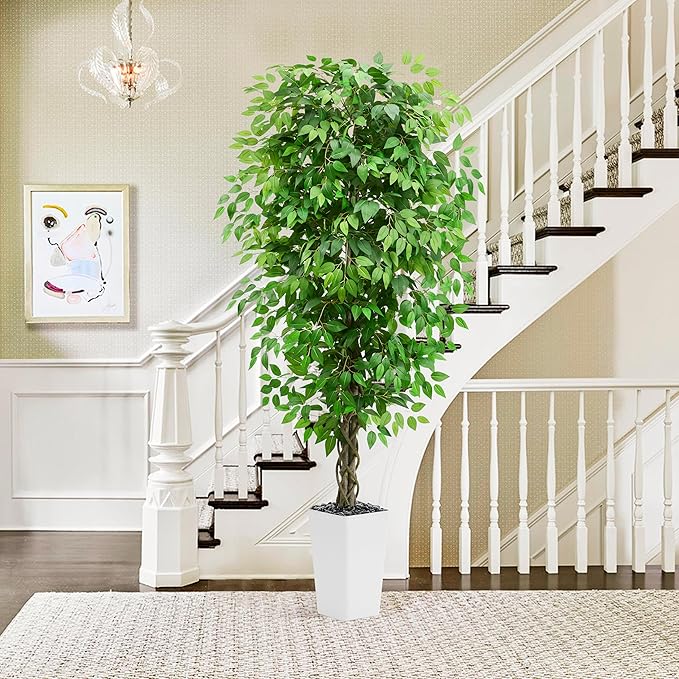 Artificial Ficus Tree 6FT Faux Plants Indoor Tall Fake Plants with White Planter, Green Lifelike Lush Fake Ficus Tree for Home Living Room Bedroom Outdoor Balcony House Office Decor