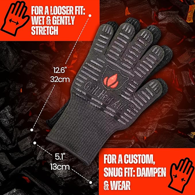 GRILL HEAT AID BBQ Gloves 1472°F Heat-Proof Gloves for Grilling & Barbecue, Heat-Resistant Oven Mitts with Kitchen Dexterity for Cooking, Baking Pizza, Fireproof Glove for Fire Pit, Fireplace, Smoker