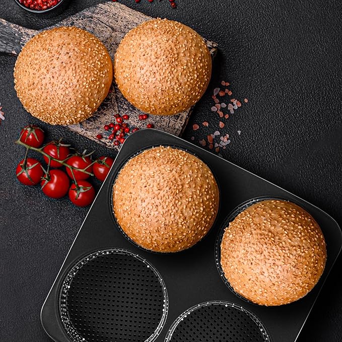 BuleVina 5 Inch Hamburger Bun Pan, Non-Stick Carbon Steel Bread Mold, 4 Cavity Cup Big Baking Pan for Homemade Hamburger Buns, Nonstick & Heat Resistant Burger Bun Mold