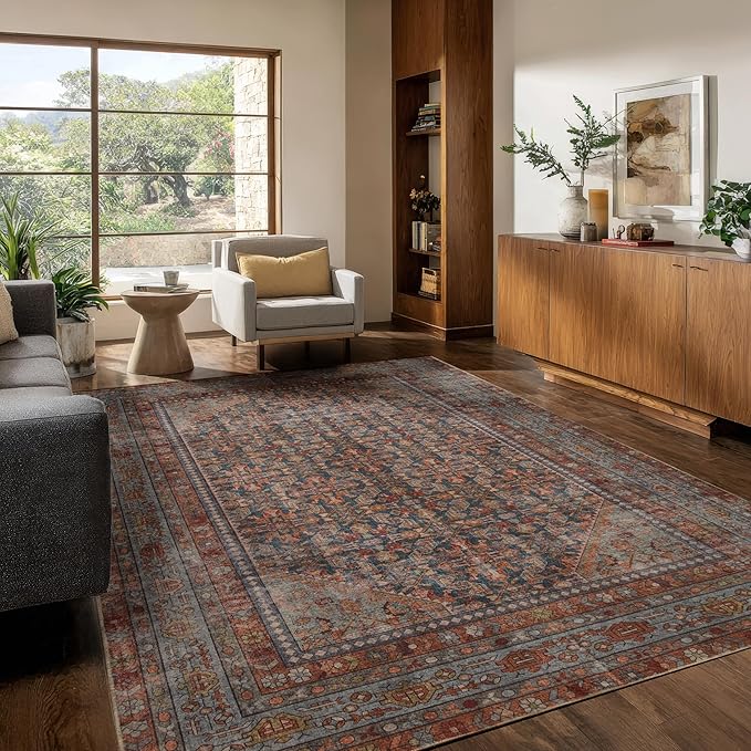 Kuden 8x10 Large Area Rug, Machine Washable Area Rug with Non-Slip Backing, Vintage Style, Soft, Easy Clean, Low Pile Rug for Living Room, Bedroom, Dining Room