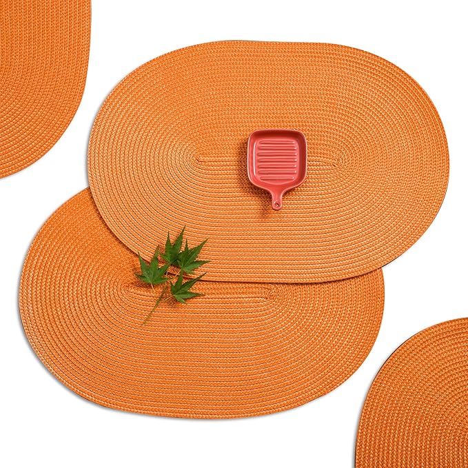 AHHFSMEI Placemats Set of 4 for Dining Table Washable Woven Non-Slip 18x12 inches Placemat Heat-Resistant Durable Table Mats for Dining Table Easy to Clean (Oval Orange, 4)