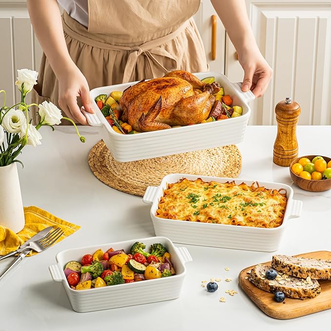 Jassceram Casserole Dishes for Oven, 3-Piece Ceramic Baking Dish Set, Rectangular Lasagna Pan Deep with Handles, Nesting Bakeware for Baking & Roasting, Oven Safe (9.6 to 13.1 Inch), White