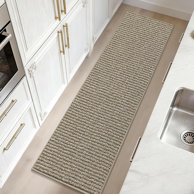 JSEI Kitchen Runner Rugs, 17''x60'' Non-Slip Kitchen Mats for Floor, Machine Washable Absorbent and Stain Resistant Kitchen Rug, Carpet Mats with TPR Backing for Kitchen, Beige