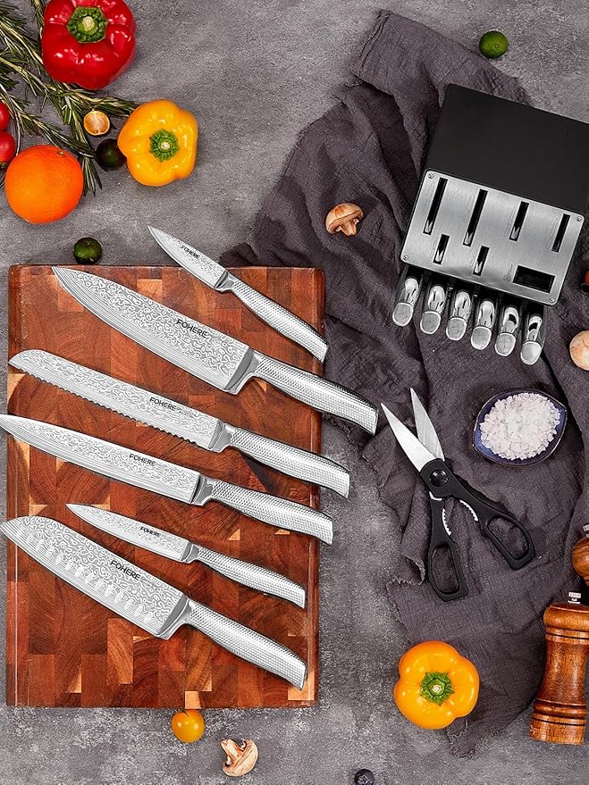 Knife Block Set, FOHERE Knife Set with Advanced Self Sharpening Technology, 14 Pieces Waved Texture Kitchen Knife Set, Stainless Steel Knife Set with Block, Sharp Knives with Non-slip Ergonomic Handle