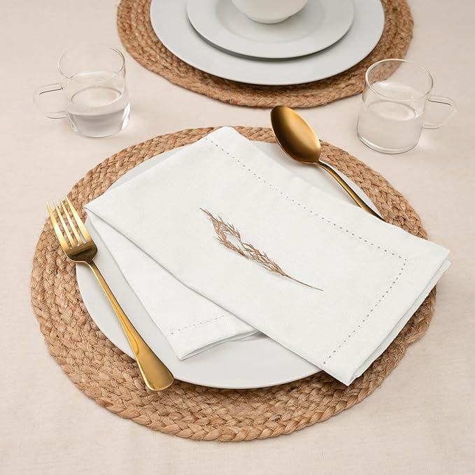 Blue Needles Set of 12 Hemstitch Linen Napkins 100% Cotton White Cloth Dinner Napkins 18x18 inches, Soft, Reusable, Absorbent, Washable, Ideal for Wedding Events, Parties & Everyday Use