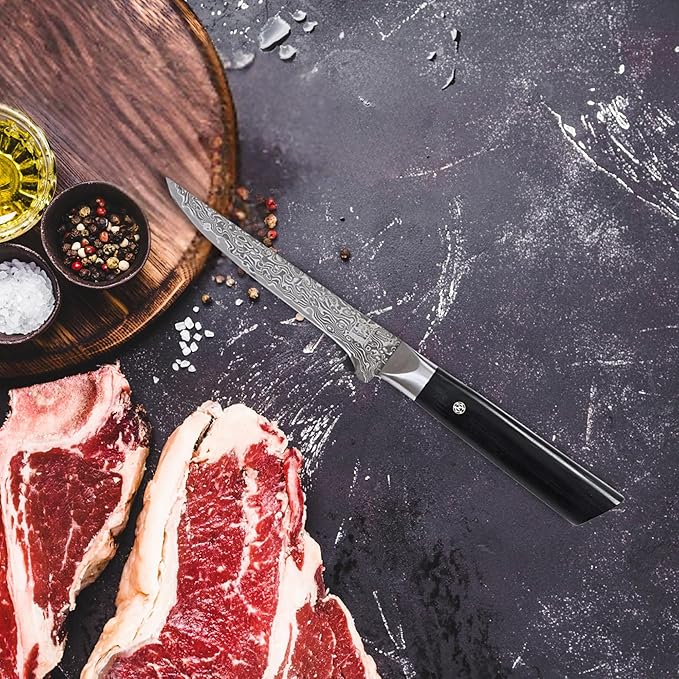 zayiko Black Edition Damascus Filleting Knife Boning Knife | 14 cm blade made of 67 layers of VG10 Damascus steel | Pakkawood handle | Kitchen knife for boning and paring meat | Elegant gift box