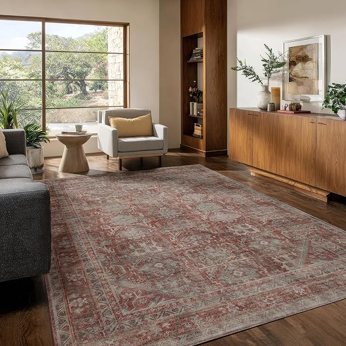 Kuden 8x10 Large Area Rug, Machine Washable Area Rug with Non-Slip Backing, Vintage Style, Soft, Easy Clean, Low Pile Rug for Living Room, Bedroom, Dining Room