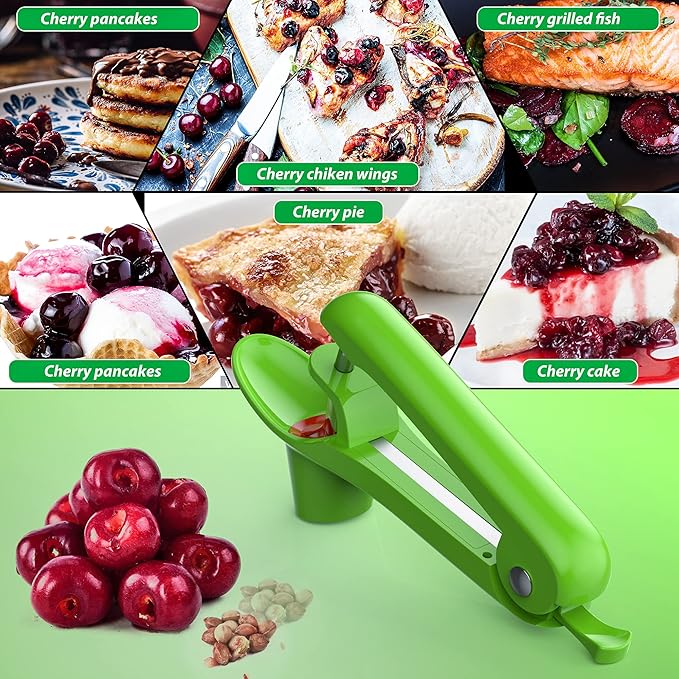 Cherry Pitter - Ordekcity Stainless Steel Cherries Corer Pitter Tool with Hand-held Push Design, Save Time & Space for Making Cherry Jam with Lock Design(Green)