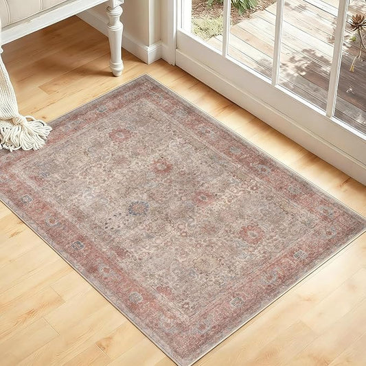 Kuden 3x5 Small Rug, Machine Washable, Non-Slip Backing, Vintage Style, Soft, Low Pile, Area Rugs for Entryway Kitchen Indoor Entrance