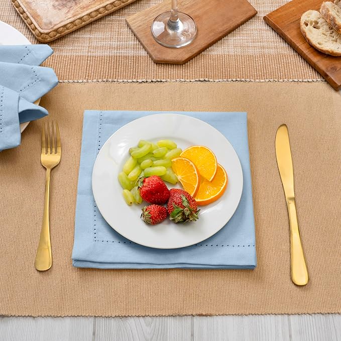 Blue Needles Set of 12 Hemstitch Linen Napkins 100% Cotton Ice Blue Cloth Dinner Napkins 18x18 inches, Soft, Reusable, Absorbent, Washable, Ideal for Wedding Events, Parties & Everyday Use