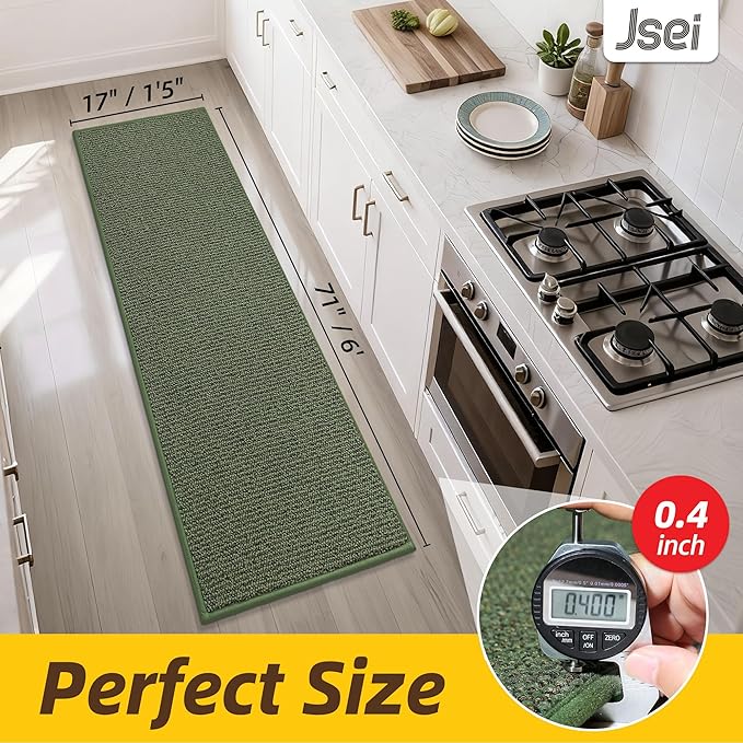 JSEI Kitchen Runner Rugs, 17''x71'' Non-Slip Kitchen Mats for Floor, Machine Washable Absorbent and Stain Resistant Kitchen Rug, Carpet Mats with TPR Backing for Kitchen, Green
