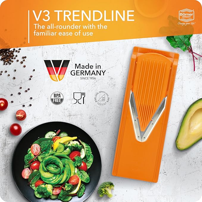 Mandoline Food Slicer Börner V3 (Starter Set) by Reston Lloyd • V-Slicer with Blade Storage & Safety Food Holder • Made in Germany • Fruit & Vegetable Chopper • Multiple Settings: Orange