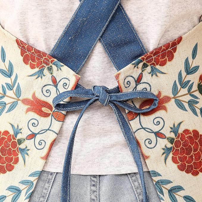 patdrea Blue Floral Linen Apron with Pocket,French Kitchen Garden Chef BBQ Aprons for Women and Men,Crisscross Back Straps