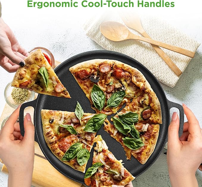 NutriChef 13-Inch Flat Cast Iron Pizza Pan - Versatile Pre-Seasoned Round Cooking Griddle w/Built-In Handles for Oven, Grill, Stove, and Campfires - Includes 2 Heat Safe Silicone Grips