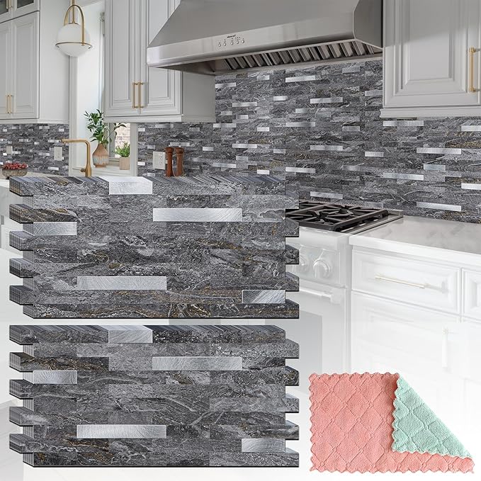 2 Sheets Peel and Stick Backsplash for Kitchen, Gray-Gold Stone with Metal Silver Look Stick on Tile Upgrade Your Kitchen Backsplash, RV, Fireplace