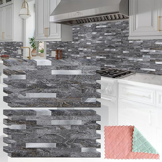 2 Sheets Peel and Stick Backsplash for Kitchen, Gray-Gold Stone with Metal Silver Look Stick on Tile Upgrade Your Kitchen Backsplash, RV, Fireplace